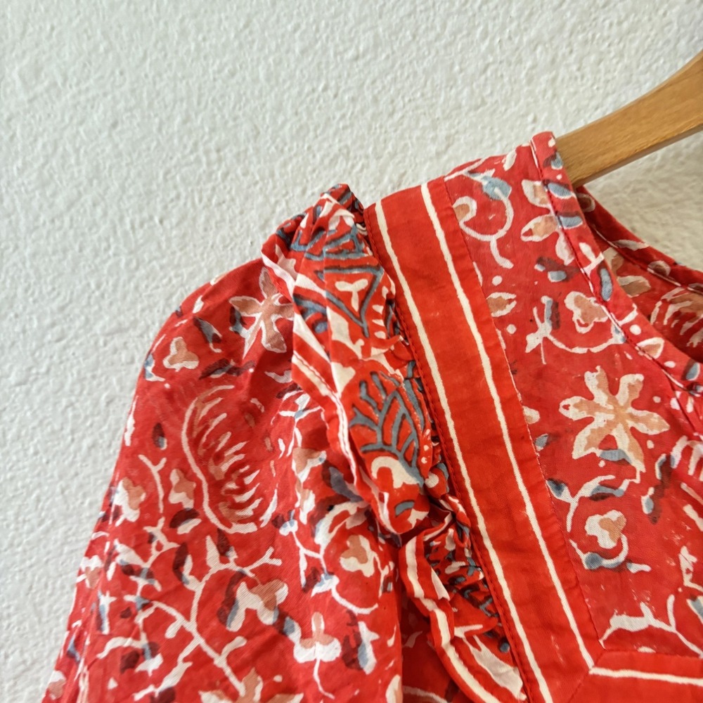 Cleobella Floral Peasant Tunic Top Womens XS Red Ruffle Tassel Boho Blouse - Picture 3 of 11
